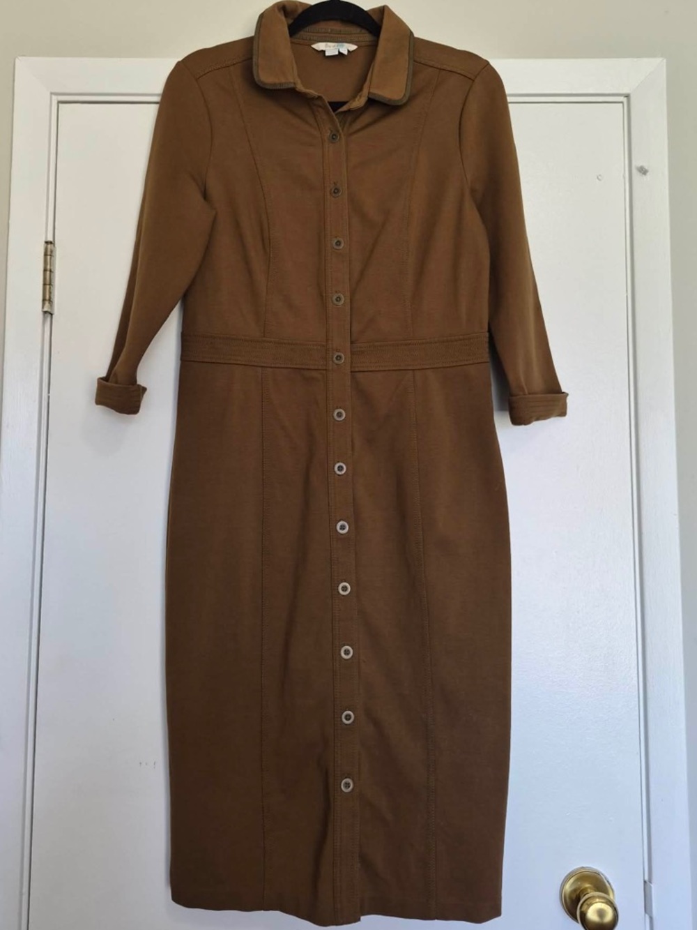 Boden Dress 10L Olive 3/4 Sleeve Button Front Ponte Knit Stretch Career